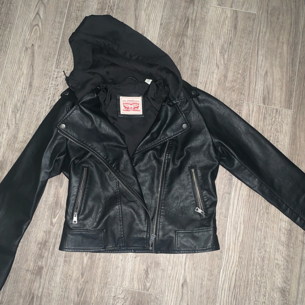 NWOT Vegan leather Levi jacket with hood.